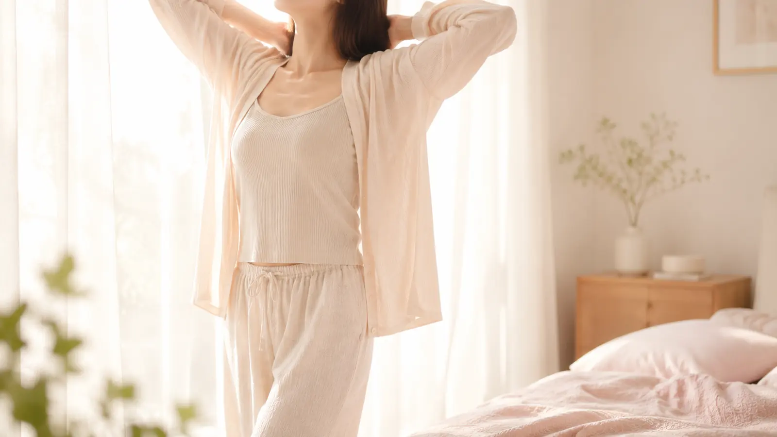 明るい寝室で朝を迎える女性の生活イメージ